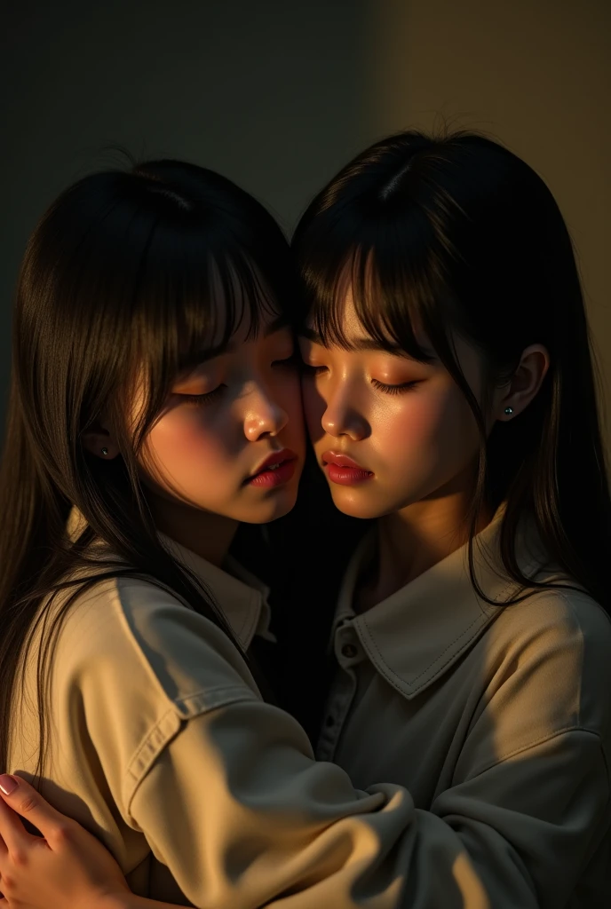 Identical twin sisters, , bangs, Crying face, Hug from behind。Accurate anatomy、(8k、uhd、Live Shooting、Highest quality、masterpiece:1.2)、Super detailed、Super Resolution、(Hyper Reality、)Super detailed、Super Resolution、(Real、Actual Photos:1.47)、(They are hugging each other.)Leaning closer、(Fantastic lighting)Hug me、Cinema lighting、White skin、Fair-skinned female proofreading、ultra HD、Stylish lighting、Beautiful female proofreader reflecting light、Amazing details、Highly detailed beautiful、Highly detailed face、Highly detailed eyes、Extremely realistic skin、 Highly detailed fingers, Highly detailed nose, Highly detailed mouth,
