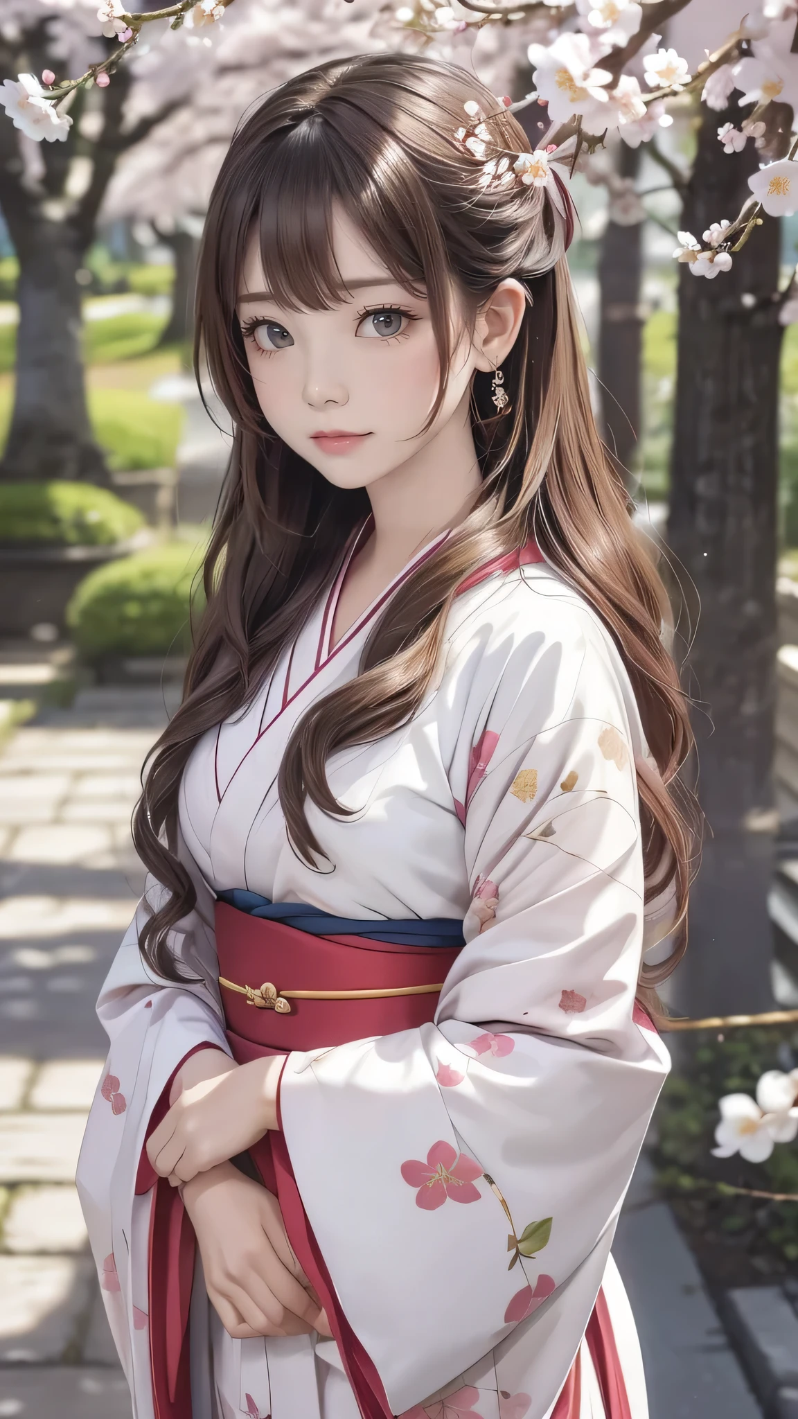 (kimono)、Japanese clothing、(highest quality,masterpiece:1.3,超A high resolution,),(Super detailed,caustics),(Photoreal:1.4,RAW shooting,)ultra-realistic capture,very detailed,High resolution 16K suitable for human skin、cute顔、16talent、baby face、 natural skin texture、anime style、Skin tone looks even and healthy、 Use natural light and color,one woman,Japanese,,cute,beautiful silky brown hair,middle hair,(Depth of written boundary、chromatic aberration、wide lighting range、natural shading、)、(hair swaying in the wind:1.3)、(Cherry tree in full bloom:1.3)、Yoshino cherry tree、The beautiful city of Kyoto