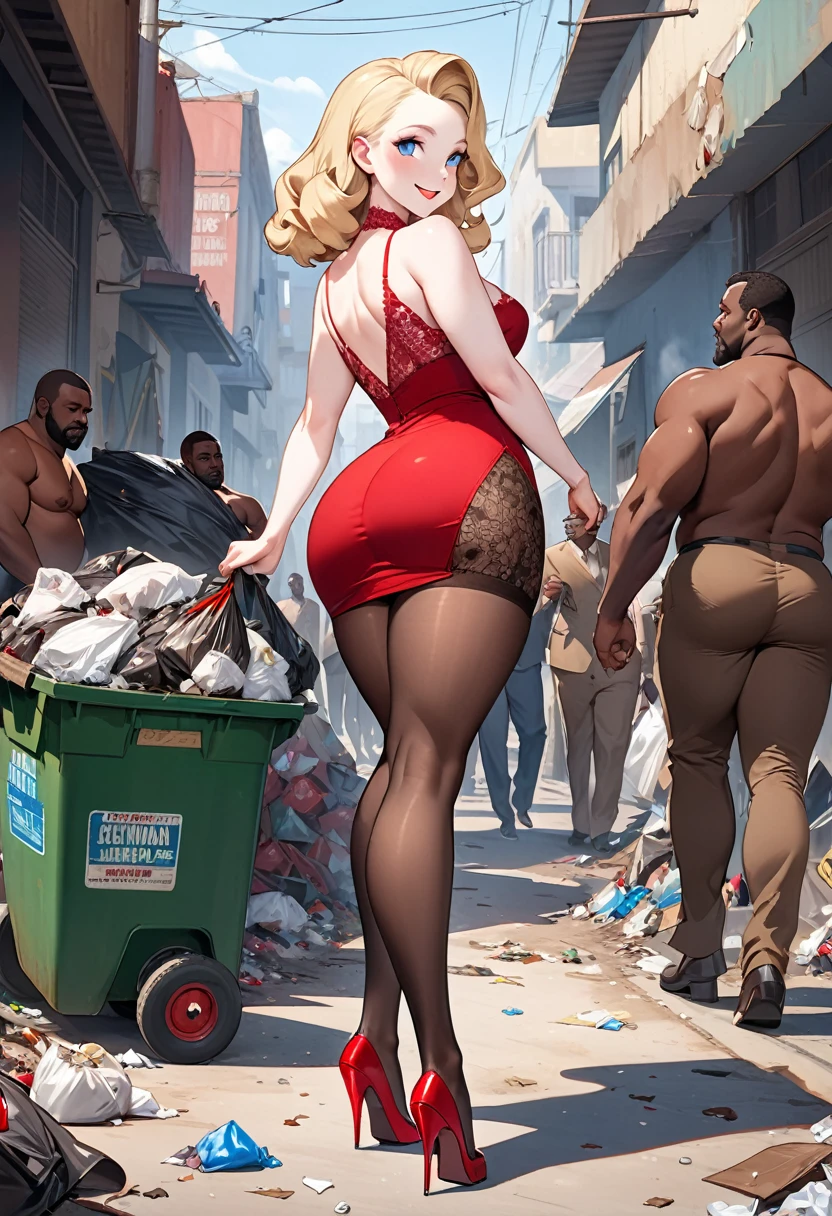 Nsfw,masterpiece,full body, small size head, Stunning elegant Blonde lady, 1940s hairstyle,pale skin, blue eyes, stunning, smile face, Brown pantyhose, she wear lace red mini dress, red stilettos , jewels,thick calves, super thick legs , super big ass. She is walking through a Lot of garbage and african men.
