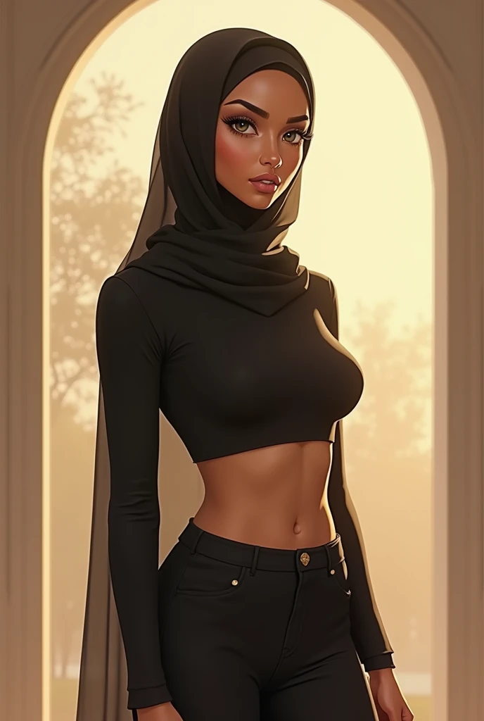 Slim Muslim woman with hourglass shaped body wearing a crop top.