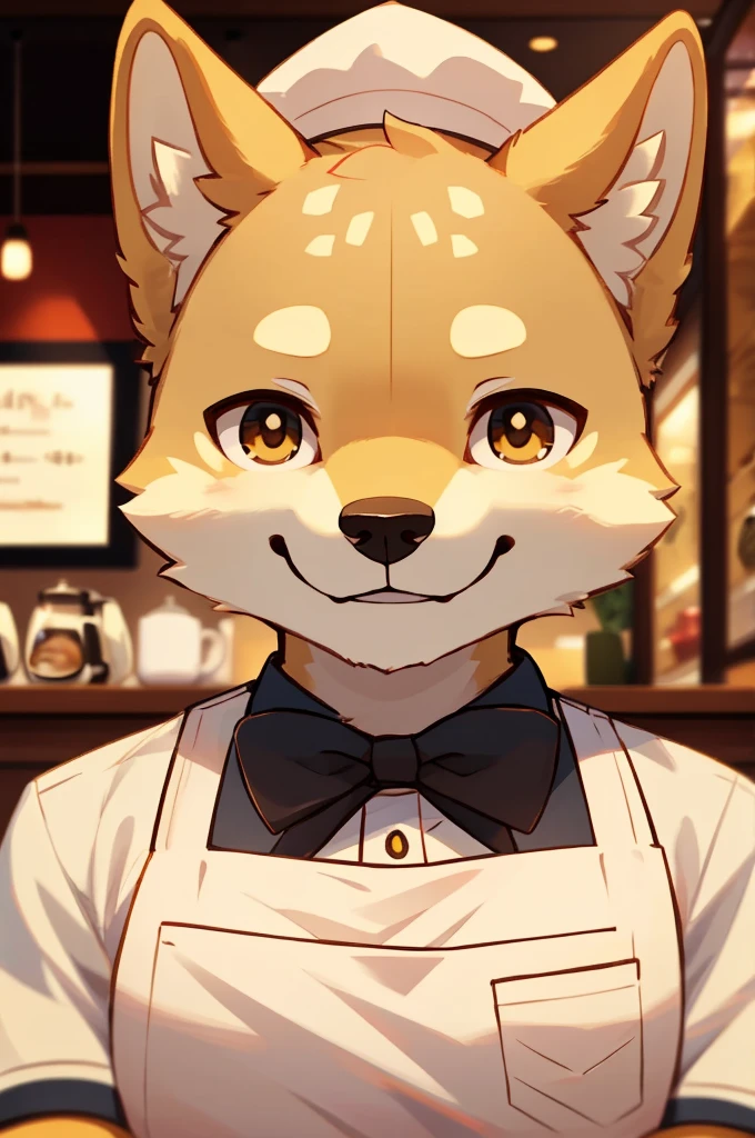 ((close up, upper body POV, bust)), furry, anthro, shiba inu, shiba inu ears, shiba inu tail, ((yellow and white fur)) cute brown eyes, handsome, cute, kawaii, ((wearing a cozy cafe barista outfit)), cozy cafe background, ((best quality, 4K, UHD, masterpiece, SFW)), alone, smiling, arms crossed,