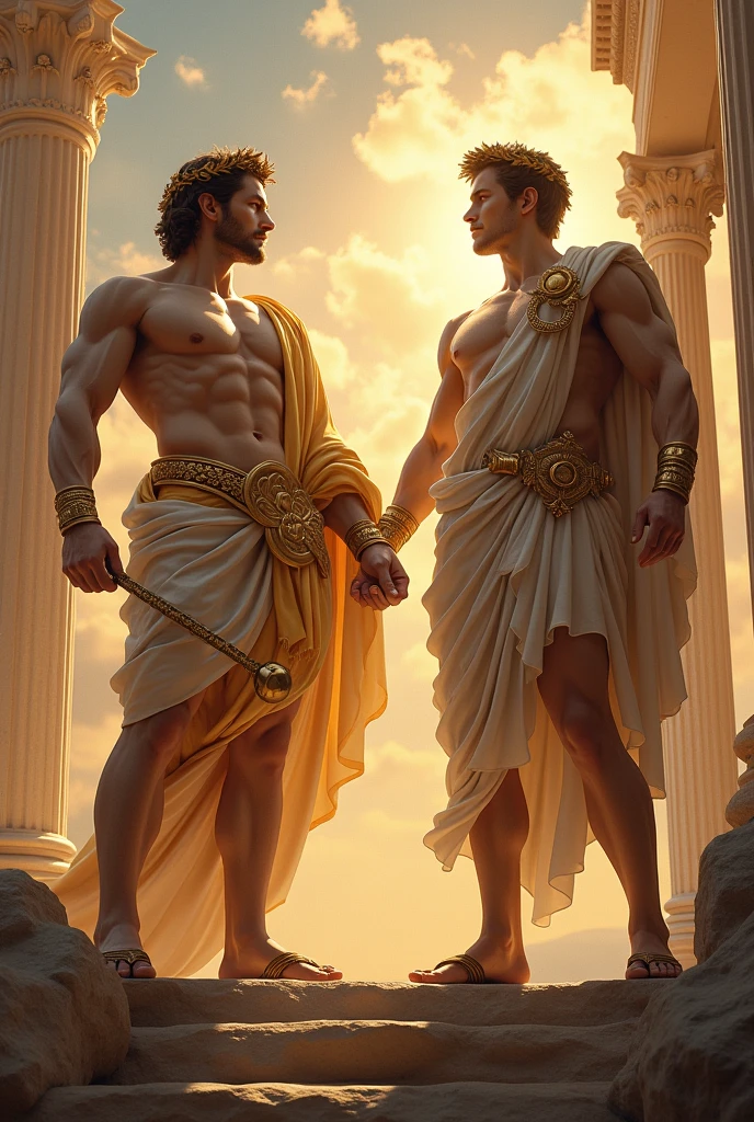 Make the Greco-Roman gods Apollo and Hermès together in a horizontal image 