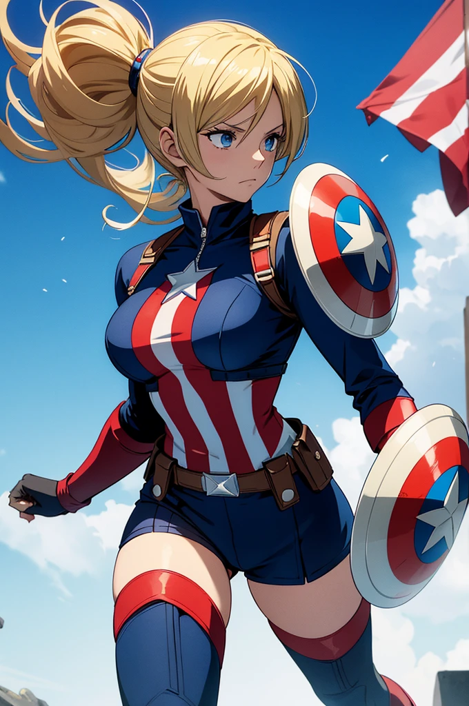 Visualize a gender-swapped Sanji from *One Piece* reimagined as a powerful and heroic female Captain America. Her signature blonde hair is styled in a sleek and practical manner, such as a high ponytail or a chic, short cut, ensuring it’s both stylish and battle-ready. Her bright blue eyes are determined and confident, reflecting Captain America’s unwavering courage and leadership.
She is dressed in a classic Captain America-inspired outfit:
- **Costume:** A form-fitting, star-spangled bodysuit in patriotic red, white, and blue. The suit features a bold white star on the chest, set against a blue background, with red and white stripes running down the sides. The material is sleek and modern, with a subtle sheen that suggests advanced technology and durability.
- **Accessories:** She wears a blue, padded utility belt with star details, and a pair of matching red and white boots that are both stylish and practical. Her outfit includes a white, star-embellished shield, either held in one hand or strapped to her back, showcasing her role as a defender and leader.
- **Additional Gear:** A matching blue helmet or headgear with a subtle, star-shaped emblem, enhancing the iconic Captain America look. She might also have red gloves with white accents, completing the ensemble.
Sanji’s pose is dynamic and commanding, possibly standing with the shield in a defensive or heroic stance, or in mid-action as if preparing to leap into battle. Her expression is resolute and focused, exuding confidence and bravery.
The background could be a dramatic, action-packed setting such as a battlefield or an urban environment, enhancing the heroic and powerful atmosphere. The image should highlight her transformation into Captain America with high attention to detail, ensuring a visually striking and empowering representation of female Sanji as Captain America.