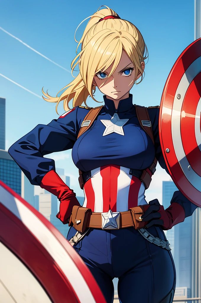 Visualize a gender-swapped Sanji from *One Piece* reimagined as a powerful and heroic female Captain America. Her signature blonde hair is styled in a sleek and practical manner, such as a high ponytail or a chic, short cut, ensuring it’s both stylish and battle-ready. Her bright blue eyes are determined and confident, reflecting Captain America’s unwavering courage and leadership.
She is dressed in a classic Captain America-inspired outfit:
- **Costume:** A form-fitting, star-spangled bodysuit in patriotic red, white, and blue. The suit features a bold white star on the chest, set against a blue background, with red and white stripes running down the sides. The material is sleek and modern, with a subtle sheen that suggests advanced technology and durability.
- **Accessories:** She wears a blue, padded utility belt with star details, and a pair of matching red and white boots that are both stylish and practical. Her outfit includes a white, star-embellished shield, either held in one hand or strapped to her back, showcasing her role as a defender and leader.
- **Additional Gear:** A matching blue helmet or headgear with a subtle, star-shaped emblem, enhancing the iconic Captain America look. She might also have red gloves with white accents, completing the ensemble.
Sanji’s pose is dynamic and commanding, possibly standing with the shield in a defensive or heroic stance, or in mid-action as if preparing to leap into battle. Her expression is resolute and focused, exuding confidence and bravery.
The background could be a dramatic, action-packed setting such as a battlefield or an urban environment, enhancing the heroic and powerful atmosphere. The image should highlight her transformation into Captain America with high attention to detail, ensuring a visually striking and empowering representation of female Sanji as Captain America.