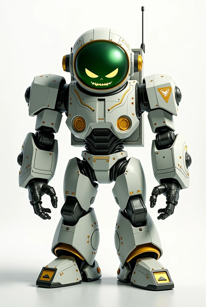 Animated Robot Astronaut with angry front in white, green and gold colors. White background 