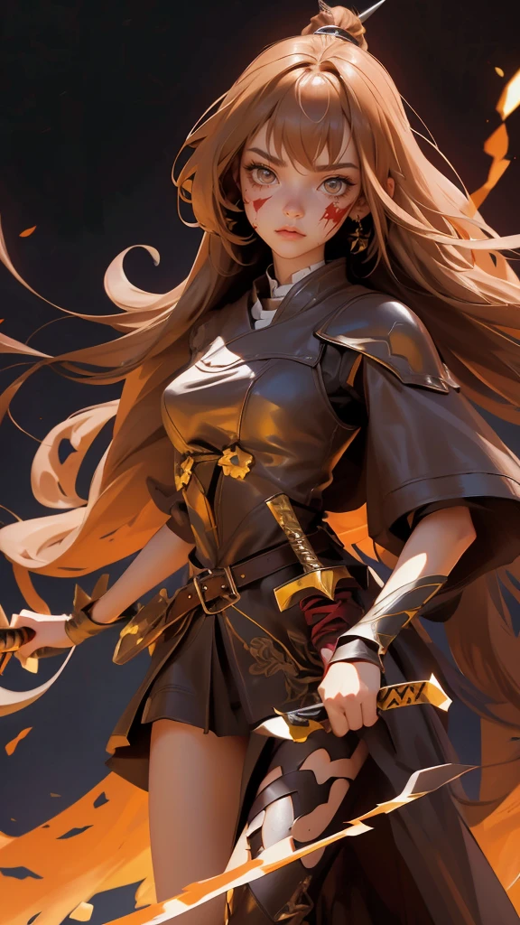 envision a 8k, highres, cinematic, beautiful full body design sheet of a fierce battle warrior slender girl named Nanashi Mumei with long brown hair, Amber eyes, in a leather dress, leather armor, wielding a great sword with blood splattered on her face against a dark gray background