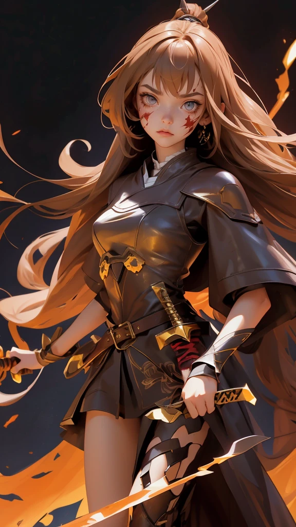 envision a 8k, highres, cinematic, beautiful full body design sheet of a fierce battle warrior slender girl named Nanashi Mumei with long brown hair, Amber eyes, in a leather dress, leather armor, wielding a great sword with blood splattered on her face against a dark gray background