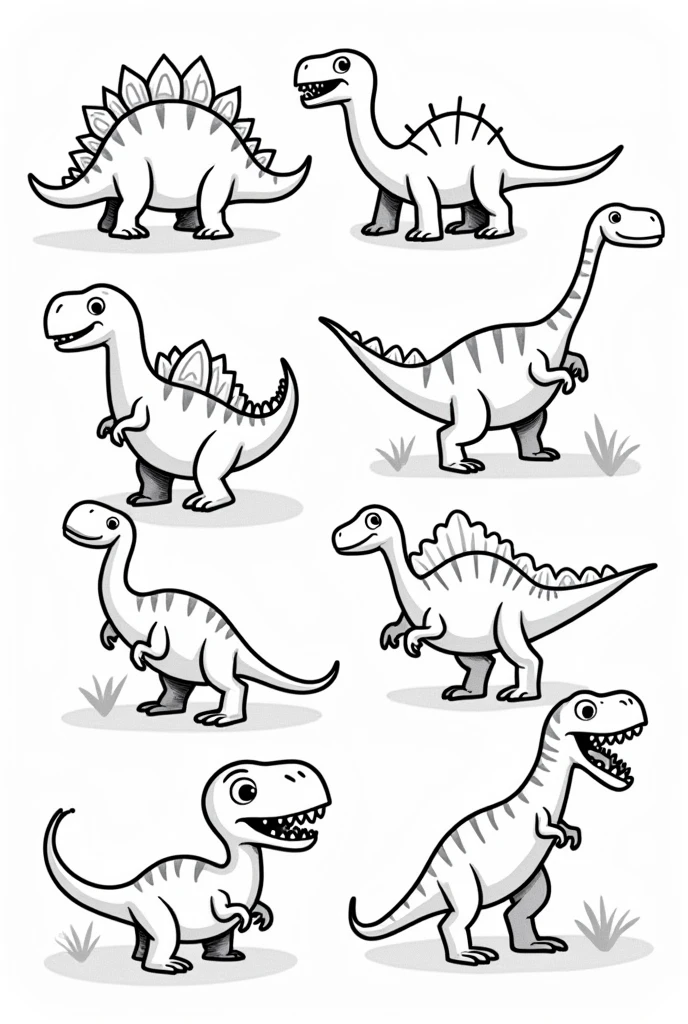 Generate 20 black and white dinosaur illustrations for children aged 3 to 10. The images should feature a variety of dinosaurs, such as T-Rex, Triceratops, Stegosaurus, and Velociraptor, in playful and friendly poses. The illustrations should be simple and clear, with bold outlines to make coloring easy and enjoyable for young kids. Each dinosaur should have expressive features and engaging details that capture the imagination of children. The designs should be suitable for a children's coloring book and formatted for sale on Amazon