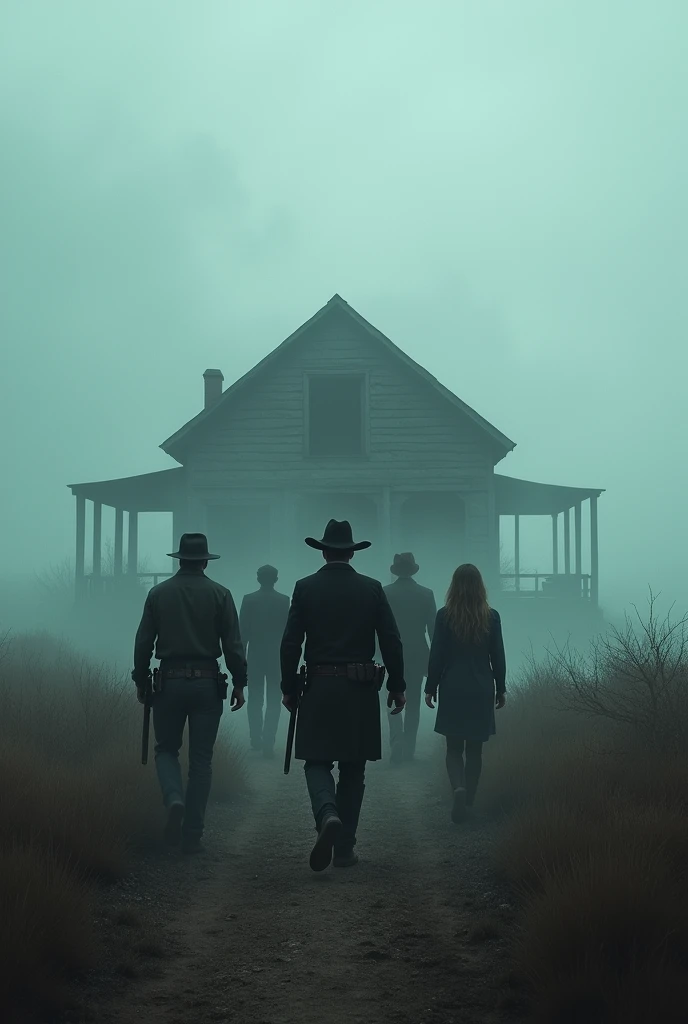 A sheriff and his companions go to an empty house with fog behind the sheriffs