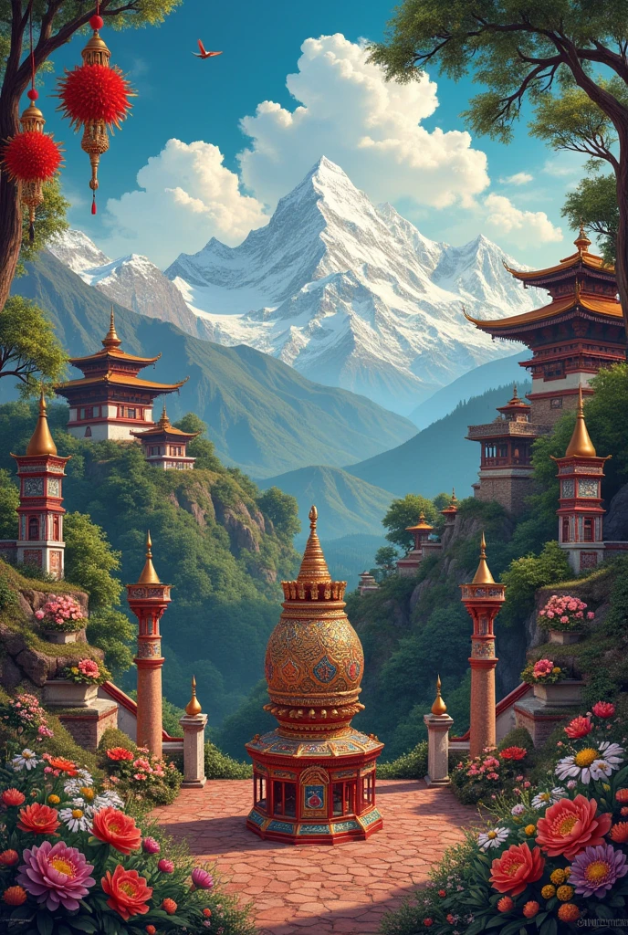 A work of art that represents the country of Nepal, It has to be artistic, ingenious, picturesque, that implements aspects such as landscapes such as Mount Everest and other monuments in Nepal, but in the center there should be some traditional craft or crafts from that country. As artistic as possible. In the center of the image there should be a craft from this country 