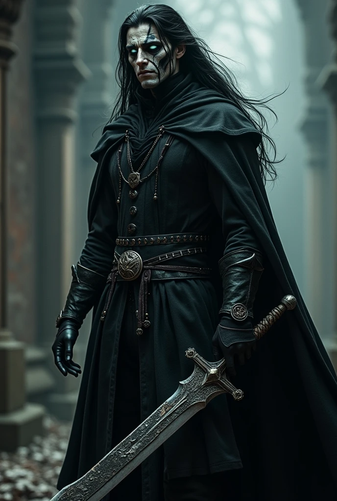 A 20 year old European warrior male with long black hair and no beard, luminous white eyes, and a horror black all face with luminous veins, wearing a full black outfit, holding a magical fragmented sword, standing in a dark place and looking to the left