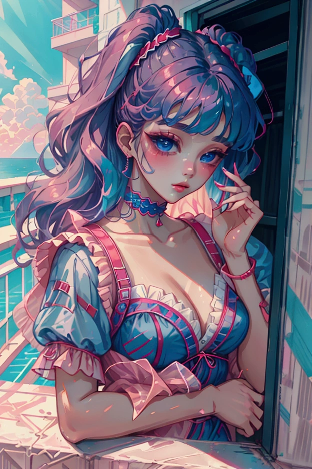 masterpiece, beautiful vaporwave style, 1 woman, on a balcony , blue and red silk dress 
, 