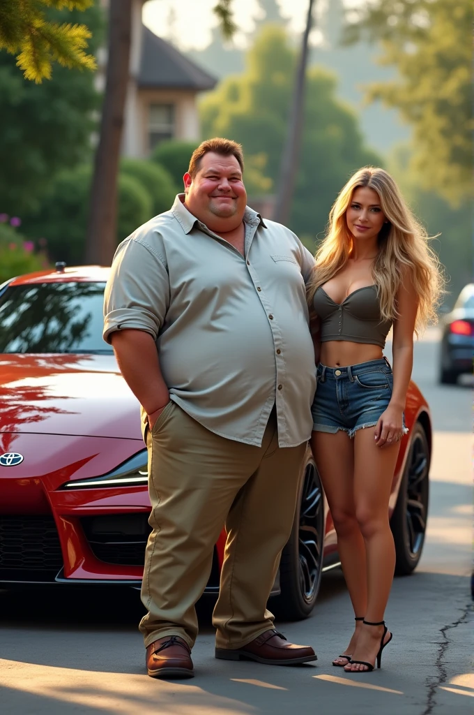 Chubby guy in front of a supra with blonde woman