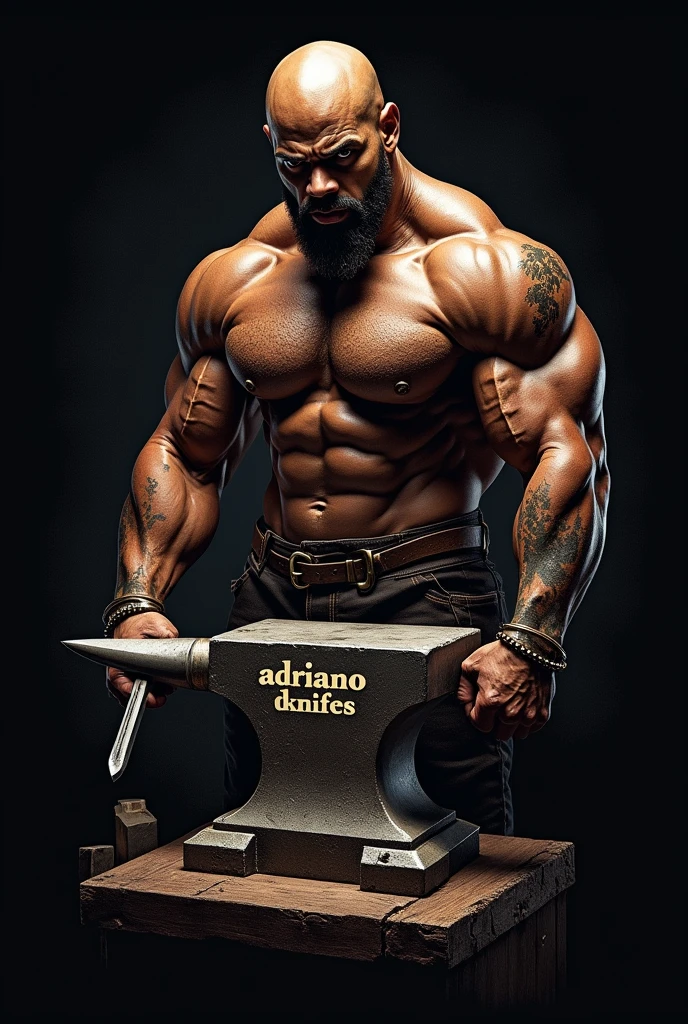 Make a logo with a large anvil with the words Adriano Knives Bruts written on it and in the background a strong bald black man without a beard holding a knife in one hand and a hammer in the other.