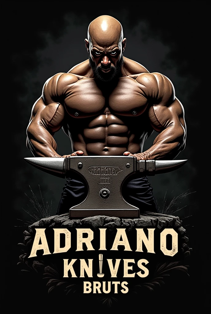 Make a logo with a large anvil with the words Adriano Knives Bruts written on it and in the background a strong bald black man without a beard holding a knife in one hand and a hammer in the other. 