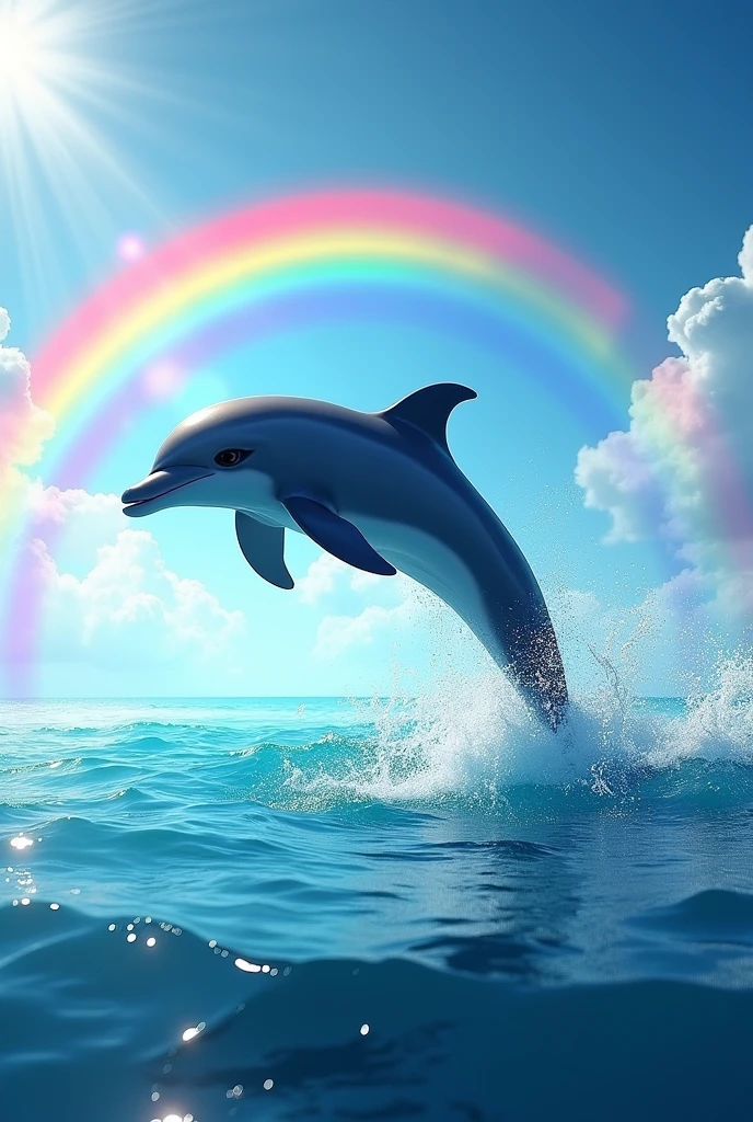 Make a dolphin jumping out of the water with rainbows