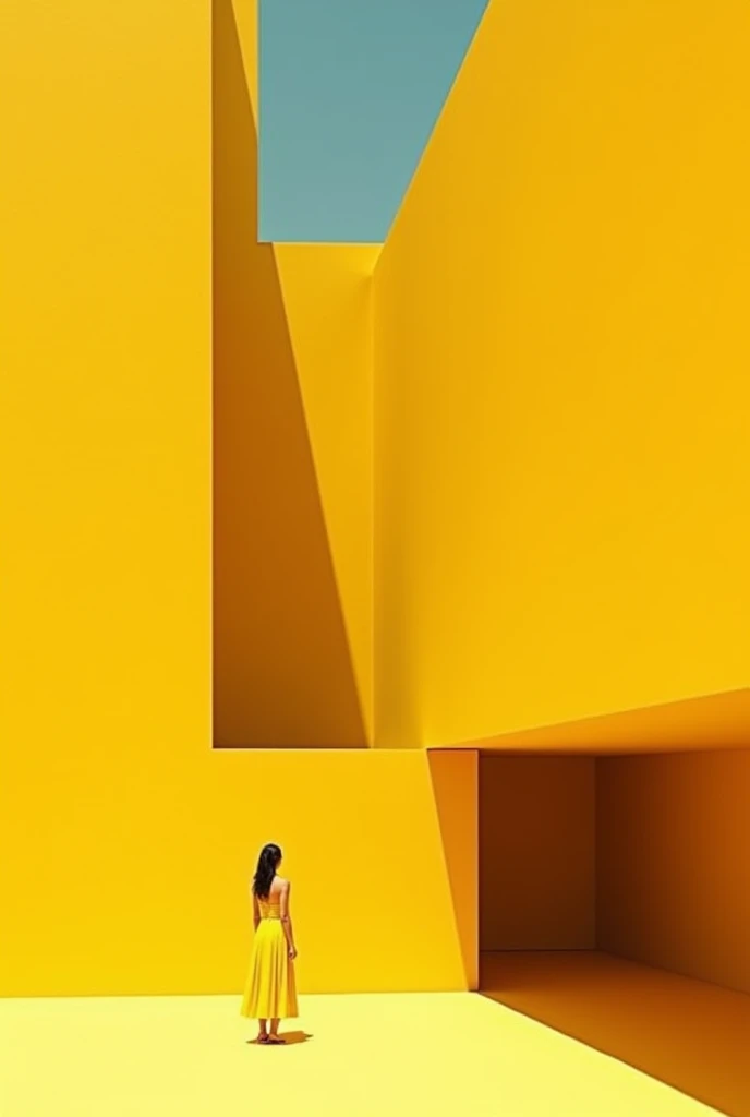 A striking minimalist architectural scene featuring a bold, geometric composition with vibrant yellow walls. The scene is dominated by large, angular structures, casting sharp shadows that create a dynamic interplay of light and dark. A lone figure in a matching yellow dress stands on a balcony, looking out into the distance, blending into the vivid surroundings yet adding a subtle human element to the otherwise abstract composition. Key Elements: Subject: Yellow architectural structure, sharp shadows, lone figure in yellow dress. Style: Minimalist, geometric, modern. Mood: Bold, abstract, contemplative. Lighting, Composition, Mood: Lighting: Strong sunlight creating sharp, high-contrast shadows that emphasize the geometric forms. Composition: Balanced with large blocks of color and shadow, leading the viewer’s eye towards the lone figure, creating a sense of scale and perspective. Mood: The image conveys a sense of isolation and contemplation, with a touch of bold, abstract modernity. Colors: Primary Colors: Bright yellow (architecture, dress), deep shadows (dark areas). Overall Palette: A minimalistic yet vibrant palette dominated by the bold yellow with contrasting dark shadows