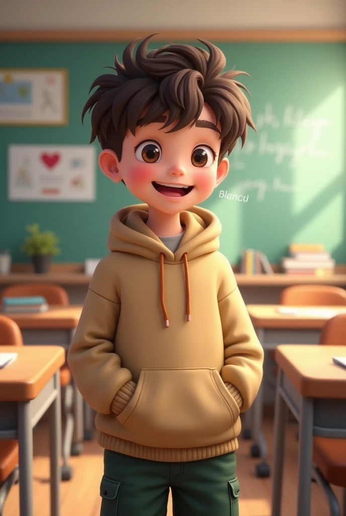 Boy:

He has short, dark brown hair, slightly messy.
He is wearing a beige or light brown hoodie.
He is wearing dark green shorts.
He is smiling and talking.
The scene should be set in a classroom.