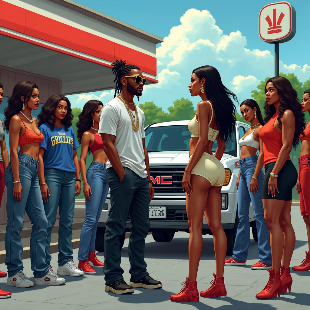 On the right side of the image I need a sexy and very beautiful black woman, with straight hair, thin and large breasts, with stylish clothes and surrounded by 6 other women, but she is the main one, on the asphalt floor, they are in front of a convenience store. The image needs to be realistic and with details 

They are flirting from afar and indirectly, so both groups need to be apart. Men on the left and women on the right

On the left side of the image I need a black man with dreadlocks in front of a corner store with a Memphis Grizzlies Basket Bal shirt, Jordans standing and in front of his 2011 GMC Sierra. I need you to add 6 to 7 more guys outside of their cars but stopped around him but he is in front. This is how the convenience store is shown in the central part. 

Make sure you have the main black man with dreadlocks in his hair down, with diamond chains and black Gucci sunglasses