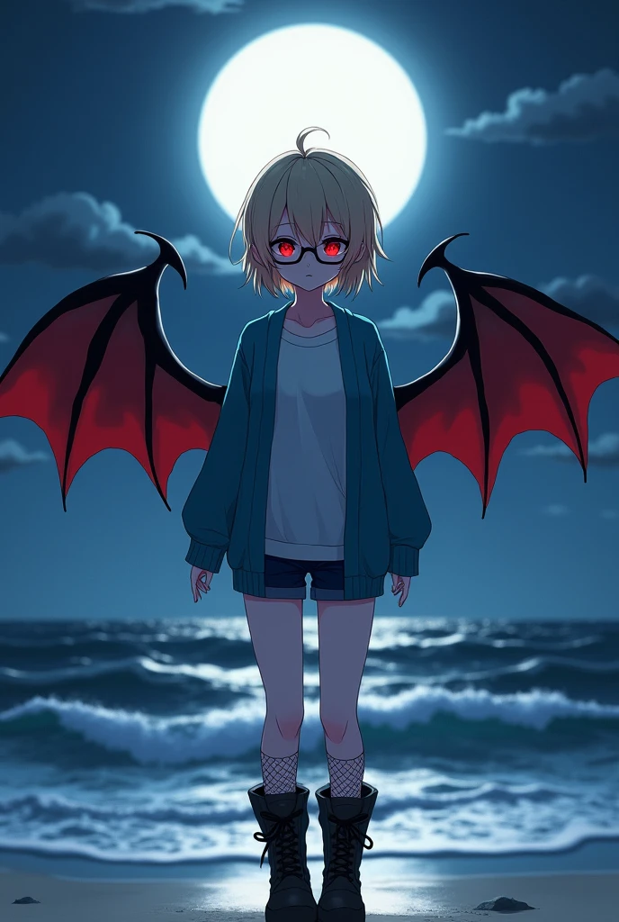 (anime:1.2), 1girl, vampire, pale skin, blonde hair, short hair, glowing red eyes, glasses, pale skin, pointy ears, bat wings, opened blue sweater, shorts, fishnet stockings, large boots, night, beach