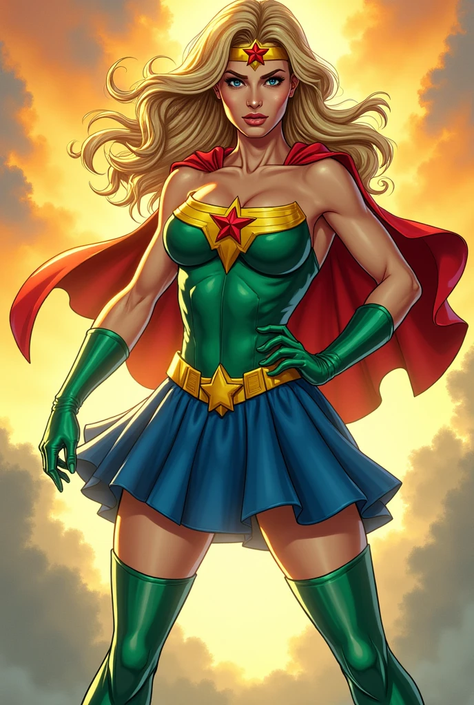 create a comic book superheroine, with blue skirt, green corset blouse, light green tights, green high heel knee high shoes, yellow tiara with red star, dark blonde hair, at