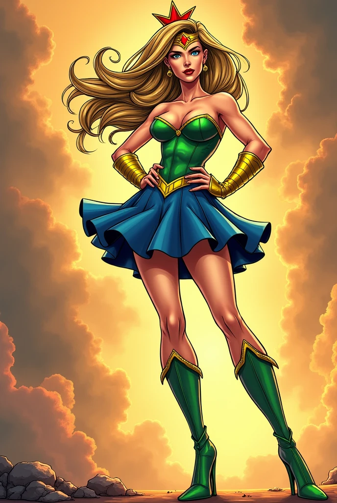 create a comic book superheroine, with blue skirt, green corset blouse, light green tights, green high heel knee high shoes, yellow tiara with red star, dark blonde hair, at