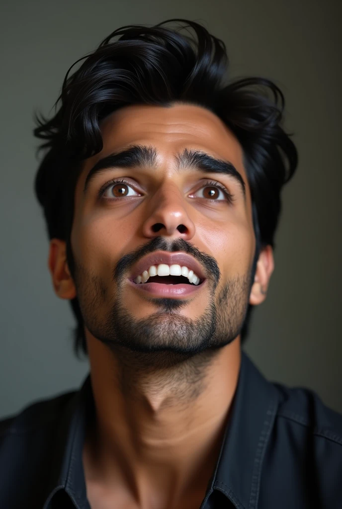 "A handsome 30-year-old man with striking lilac eyes, resembling an Indian movie star, is looking straight ahead with an expression of awe and surprise, his mouth slightly open in a 'Wow' reaction. His appearance is stylish and charismatic, with well-groomed hair and sharp facial features. The background is simple, emphasizing his facial expression and the 'Wow' moment, making it the focal point of the image."
