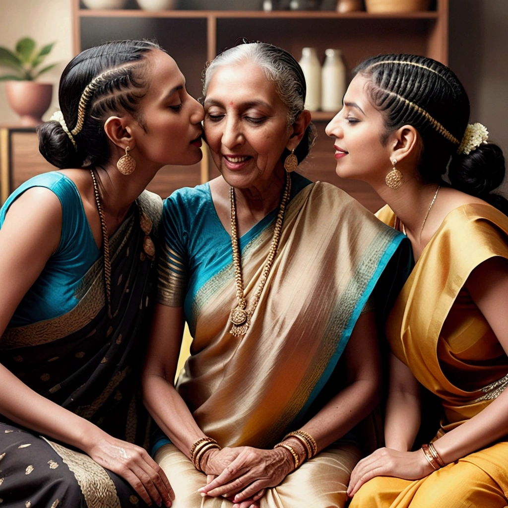 In the home, three mature indain ladies in sarees,kissing,their straight bottom curl bob length hair made in to scalp curl slick multiple small small ponytails are 10 liters of oil poured over their hairs making slick shinning like mirrors,tongues are highly visible,Hairs strictly as per image,Stricly as per the image,