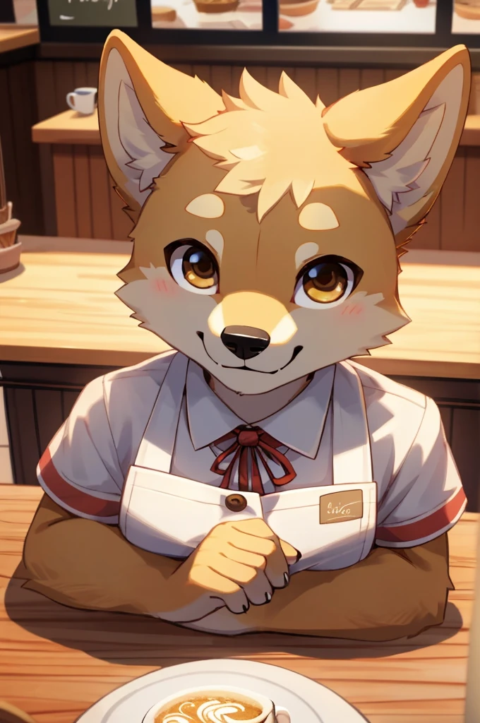((close up, upper body POV, bust)), furry, anthro, shiba inu, shiba inu ears, shiba inu tail, ((yellow and white fur)) cute brown eyes, handsome, cute, kawaii, ((wearing a cozy cafe barista outfit)), cozy cafe background, ((best quality, 4K, UHD, masterpiece, SFW)), alone, smiling, arms crossed, 