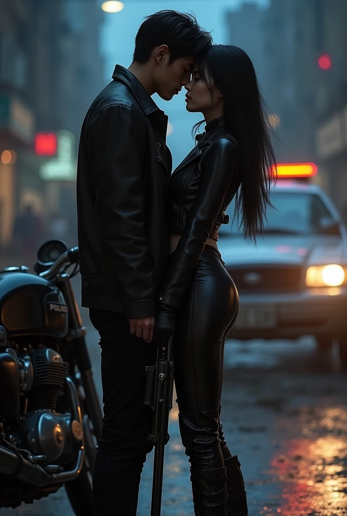 black hair, young skinny asia girl, full body, black leather jacket, black low rise leather pants, black leather overknee boots, black gloves, pump gun in hand, kissing a boy, street by night, next to bike, dead man in background, police car in background