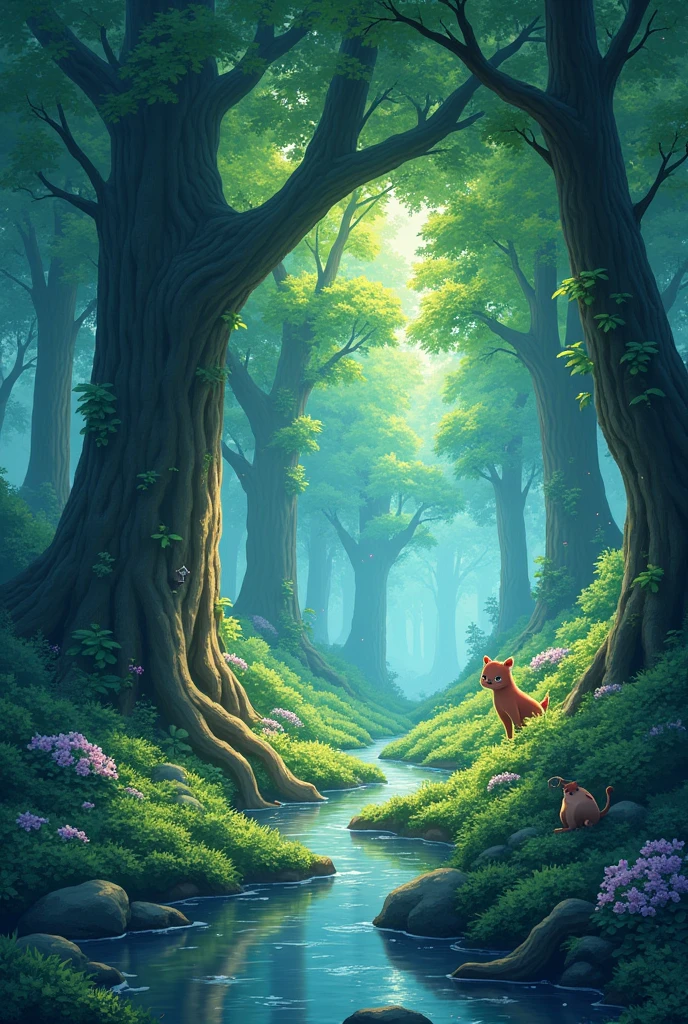 Viral anime nature wallpaper in 4K quality, in the style of digital illustration inspired by Hayao Miyazaki, featuring a serene forest with towering ancient trees, dappled sunlight filtering through the leaves, a gentle stream flowing through the scene, and mystical creatures peeking from behind the foliage; vibrant and warm color temperature, cosmos lighting with stars twinkling in the sky, no human characters, the atmosphere is tranquil and enchanting --v 5 --stylize 1000