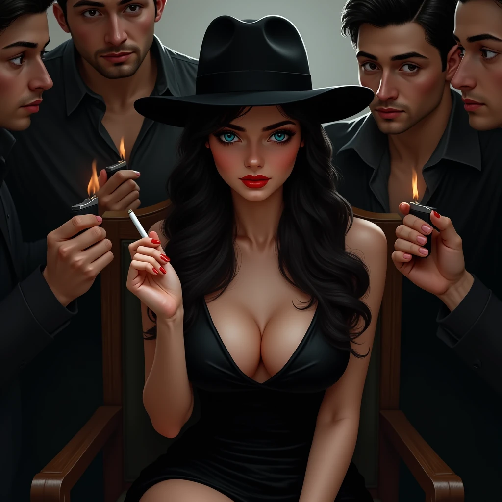Arte comic, beautiful woman with European features, Straight jet black hair worn loose in waves, with a stylish summer hat on her head, bright sapphire blue eyes, porcelain white skin, reddish lips, blushing cheeks, She is wearing a tight black dress, She has an unlit cigarette between her fingers, seated on a chair. Around him there were men with lighters, Men are infatuated with her. She exudes power and beauty. Dark image