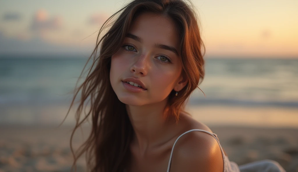 a beautiful young woman, Young woman sitting on the sand at dusk on a deserted beach, 8k, realist, very detailed, backlighting, perfectly balanced and illuminated image