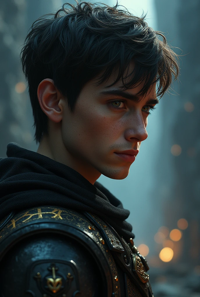 Generate a realistic, close-up profile picture of a young male character resembling Arthur Lewin. He has sharp, intense eyes, a determined expression, and slightly tousled, dark brown hair. He should be wearing a cloak or armor that suggests he’s a warrior or hero from a fantasy setting, with subtle mystical elements like faint glowing runes on his clothing. The background should be dark and atmospheric, perhaps with hints of an otherworldly landscape, to emphasize the theme of life after death. The overall style should be realistic with a touch of fantasy.