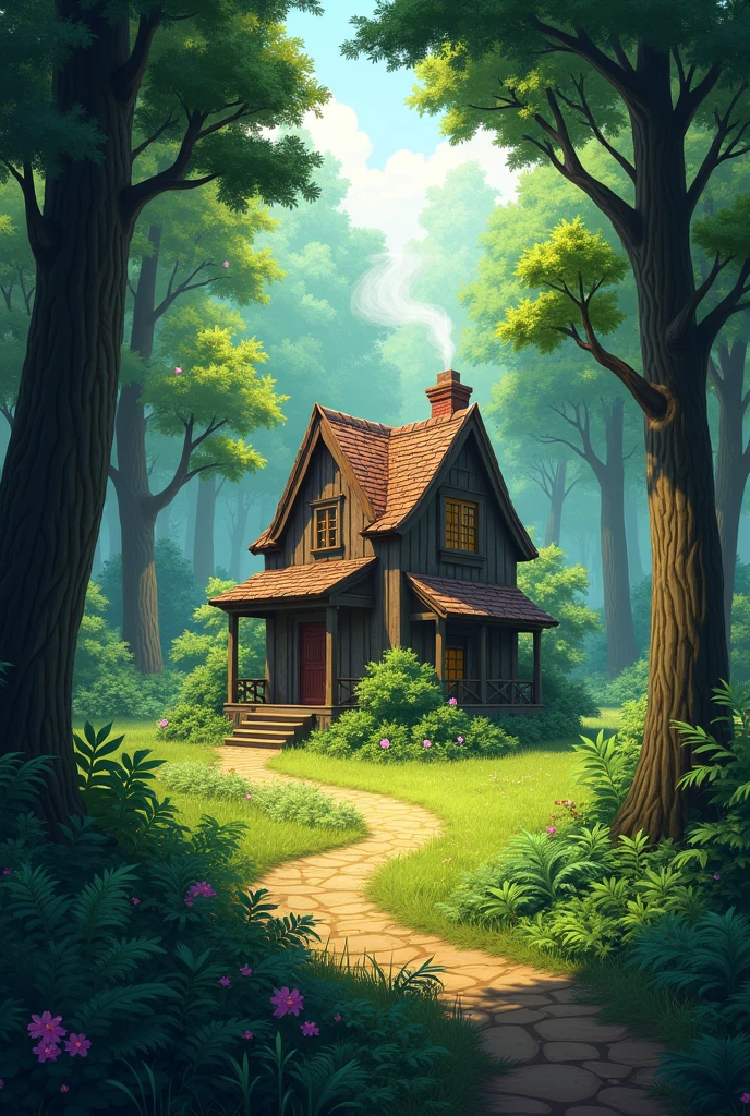Background of a forest with a house sticking out