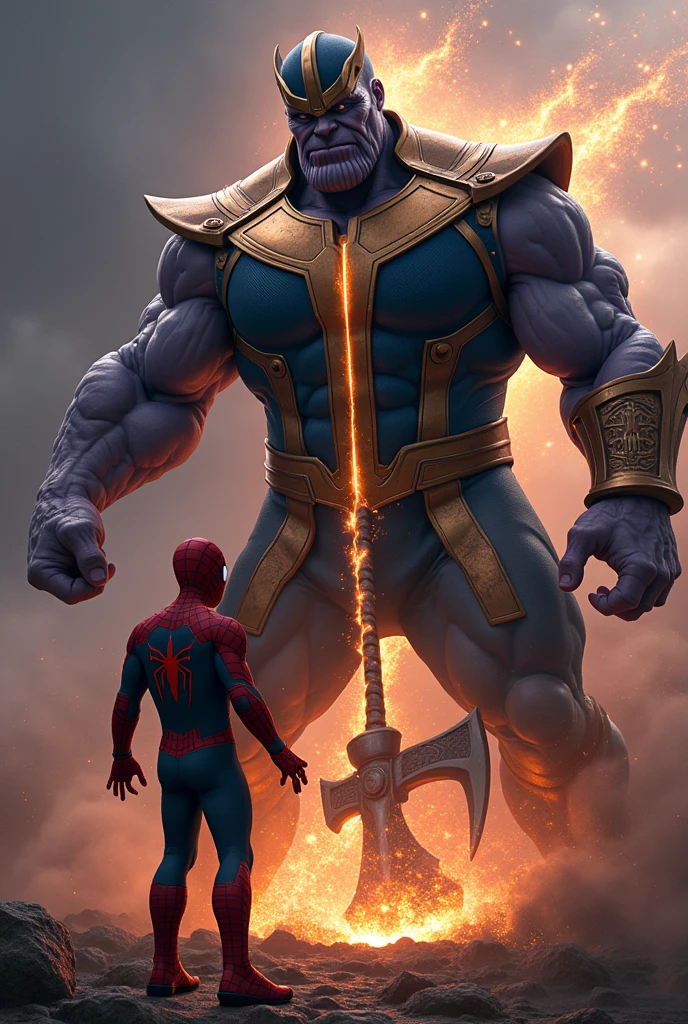 Spiderman Thor's axe stabs Thanos in the chest