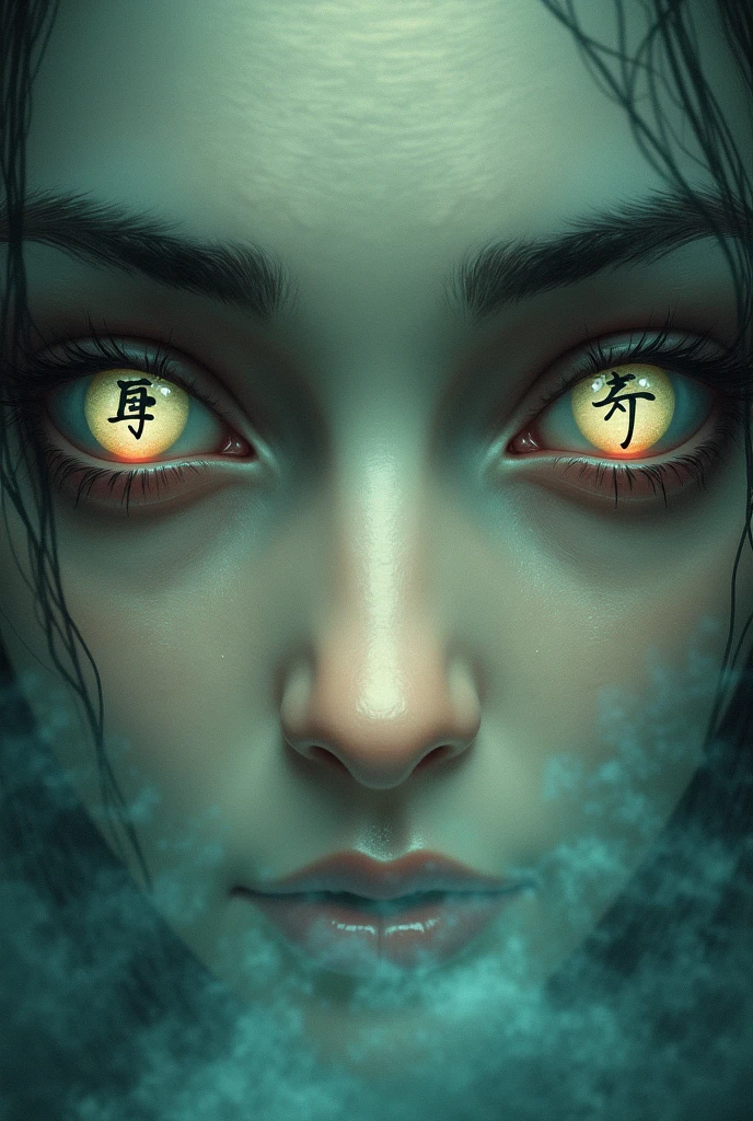 Two eyes, left eye to japanese kanji [Winding] marked in the pupil of the eye, right eye in japanese kanji [Ginseng] marked in the pupil of the eye