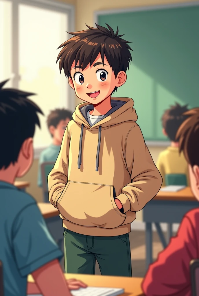 Boy:

He has short, dark brown hair, slightly messy.
He is wearing a beige or light brown hoodie.
He is wearing dark green shorts.
He is smiling and talking.
The scene should be set in a classroom.

formato comic