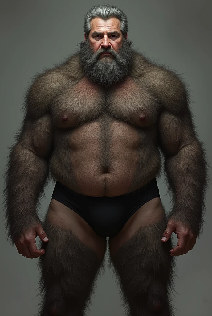 A tall middle-aged man with gray hair and hairy chest hair,arms,legs etc and in the pubic regions.wearing underwear marking the penis.