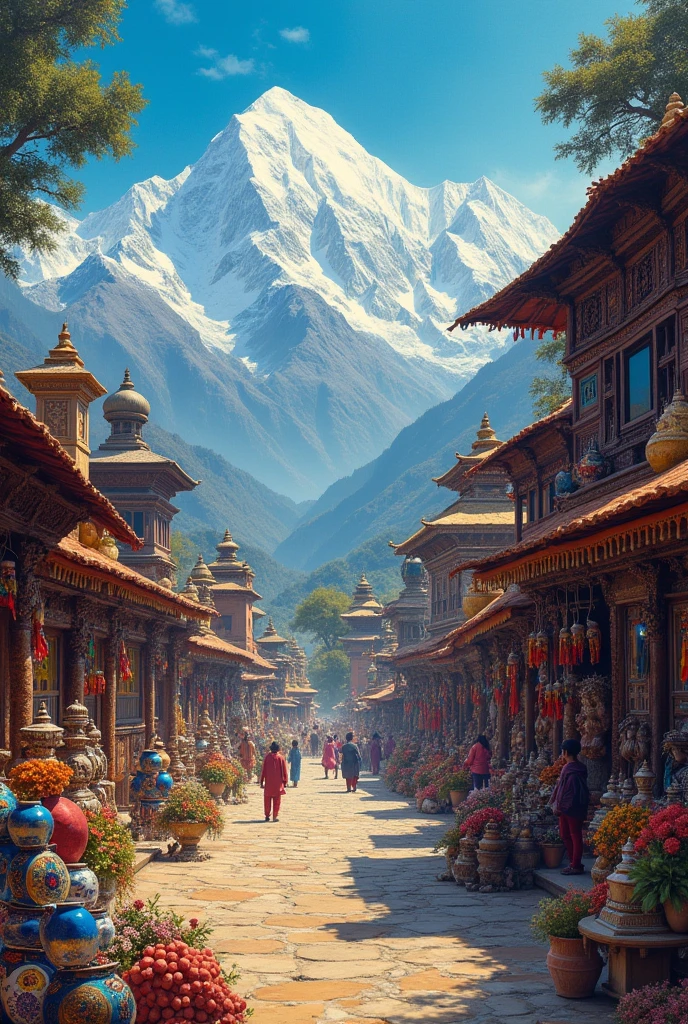 A work of art that represents the country of Nepal, It has to be artistic, ingenious, picturesque, with Mount Everest on one side and other monuments of Nepal, but in the center there should be some traditional craft or crafts from that country. As artistic as possible. In the center of the image there should be a craft from this country 
