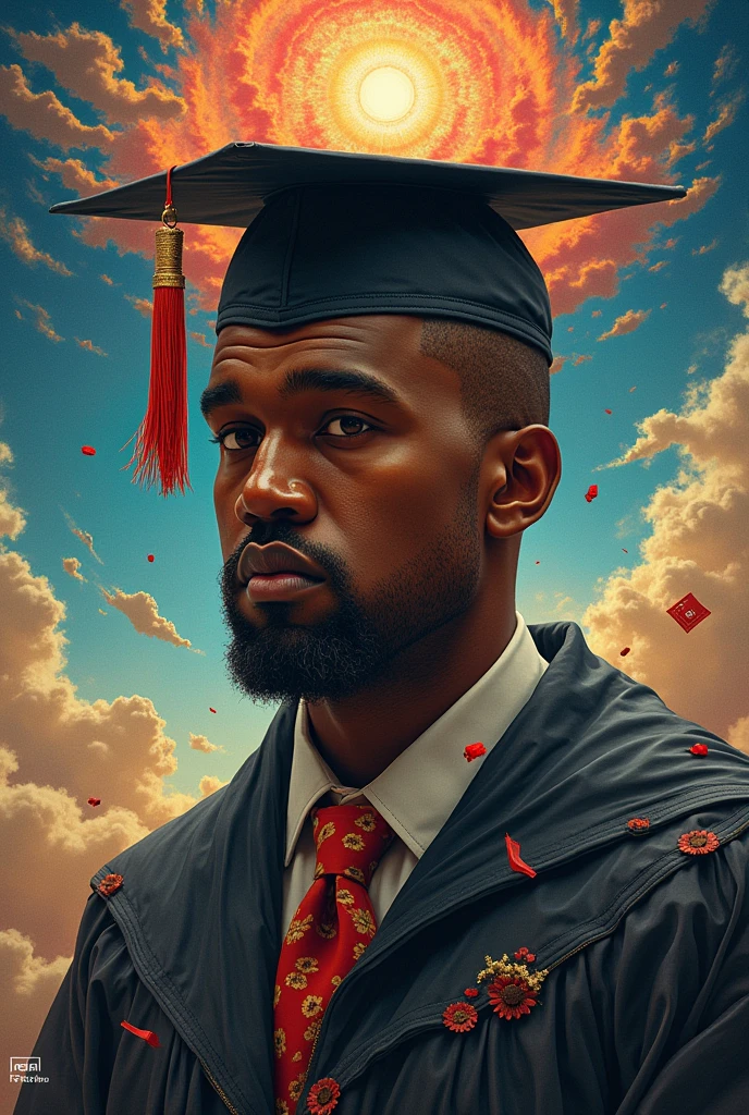 Combine the album cover "Graduation"  with the album cover "My beautiful dark twisted fantasy" to create a realistic album cover for rap