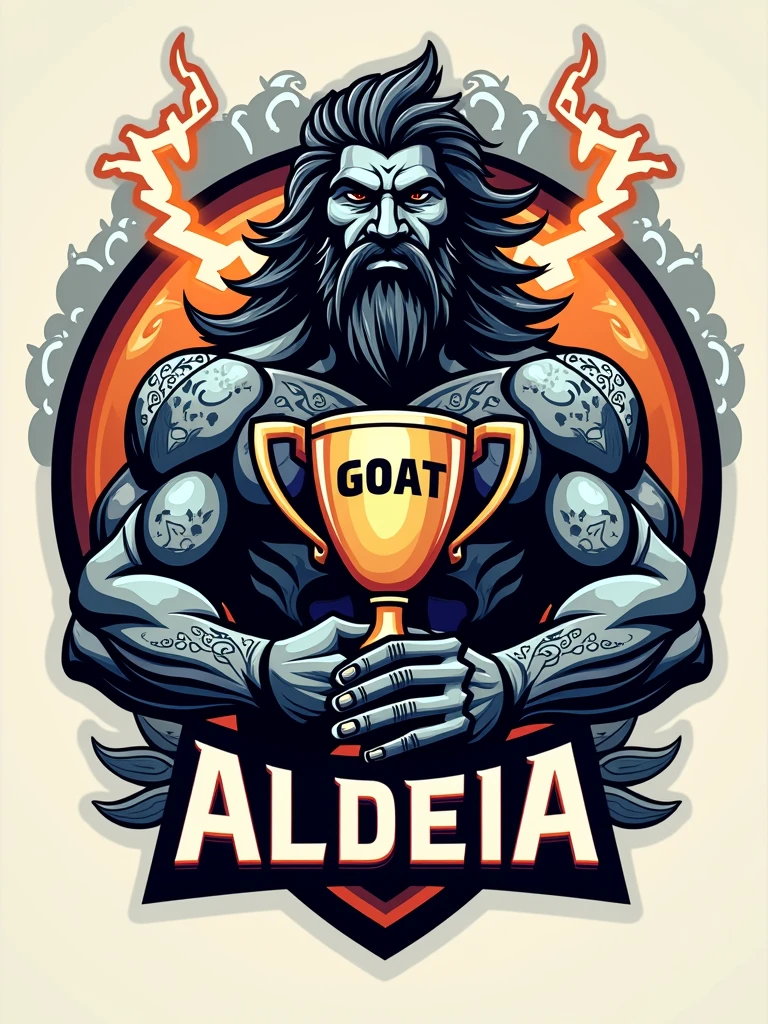 Create a sports logo with the name ALDEIA featuring a mascot of the thunder god Tupã holding a trophy inscribed with 'goat' inside the trophy.