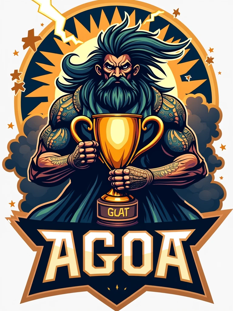 Create a sports logo with the name ALDEIA featuring a mascot of the thunder god Tupã holding a trophy inscribed with 'goat' inside the trophy.