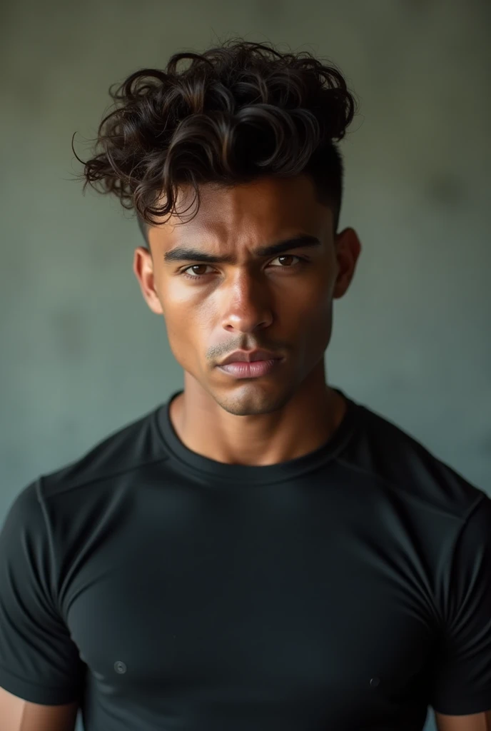 Create a serious and attractive intimidating young man. Have tanned skin. Marked cheekbones and marked jaw. Have a compression shirt and curly hair