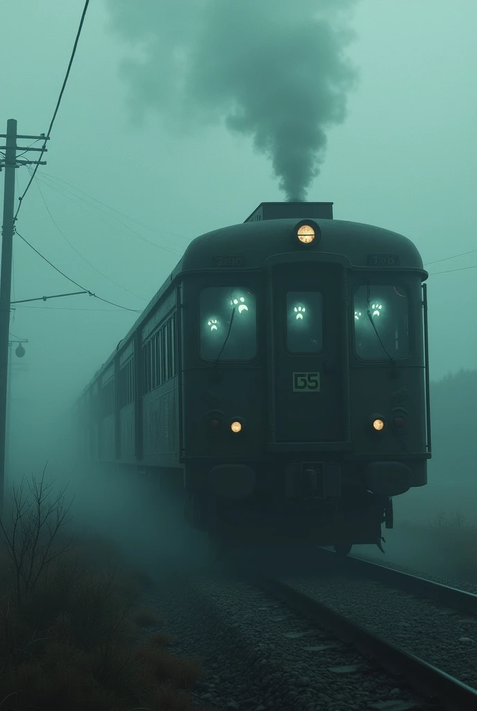 Train cars go along the tracks and carry with them ghost passengers screaming in pain with fog