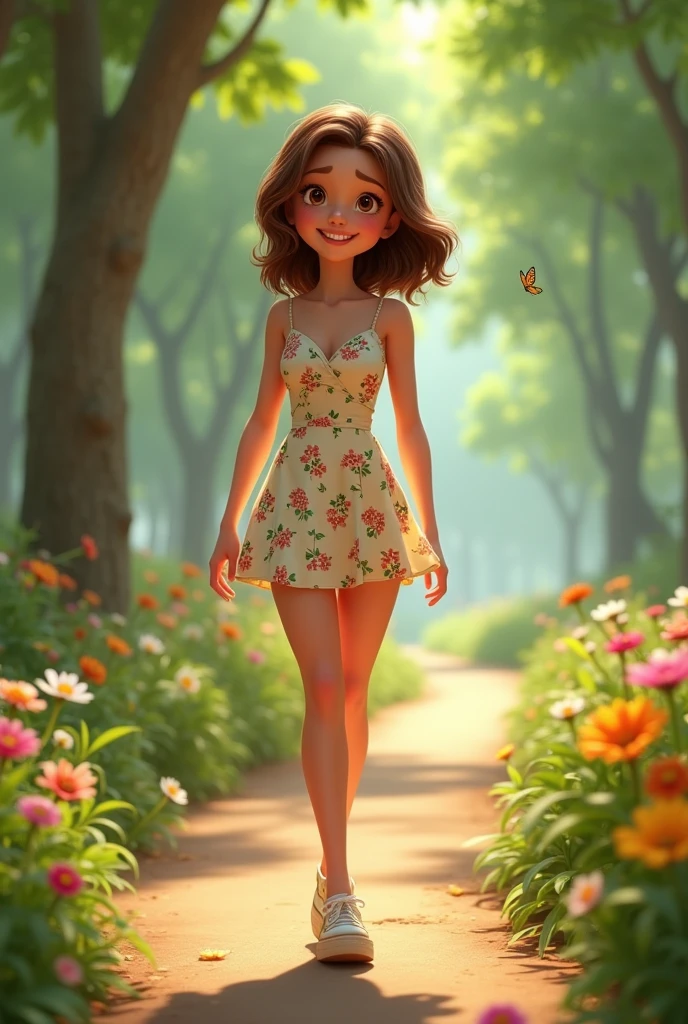 white woman brown hair, adult full body pixar style in a park



