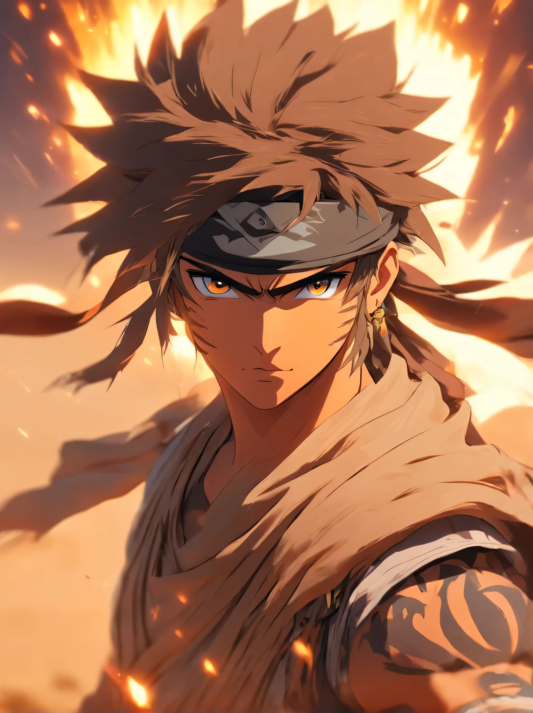 1boy, wearing desert warrior vail, ninja desert warrior style, middle east style, brown tech outfit, hair on eye, desert background, magic lights, high quality, uhd, 8k
