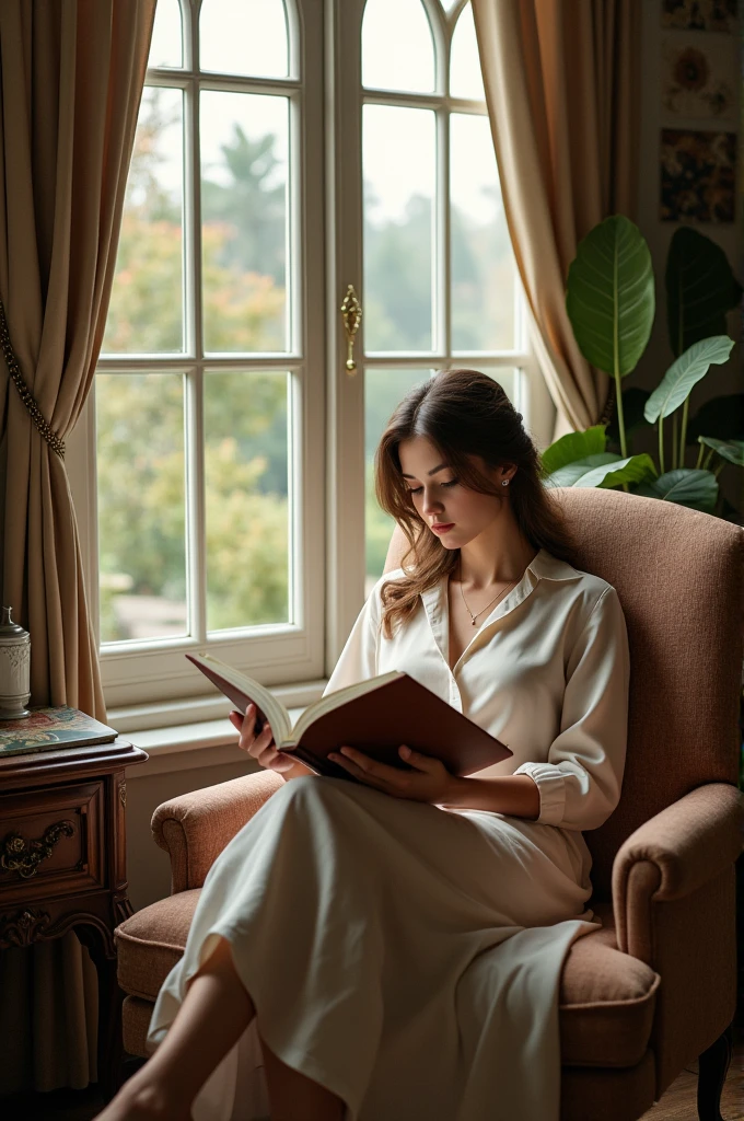 Woman in fine, chic clothes sitting in a bungalow in front of a window reading a book.
The atmosphere is old and chic. The woman is white and has brown hair