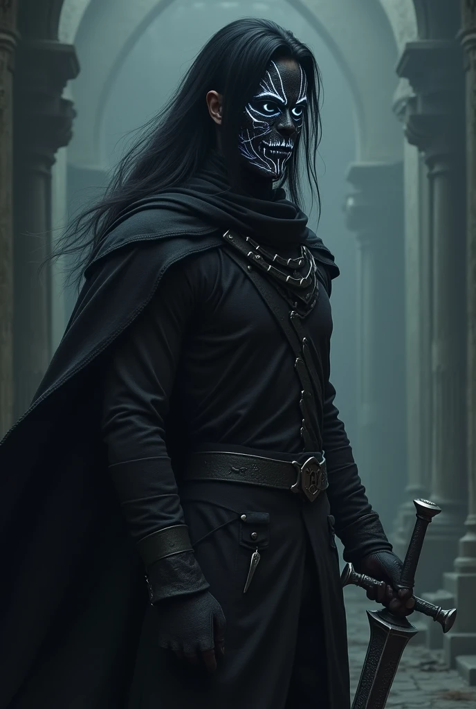 A 20 year old European warrior male with long black hair and no beard, luminous white eyes, and a horror all face black with luminous veins, wearing a full black outfit, holding a magical fragmented sword, standing in a dark place and looking to the left