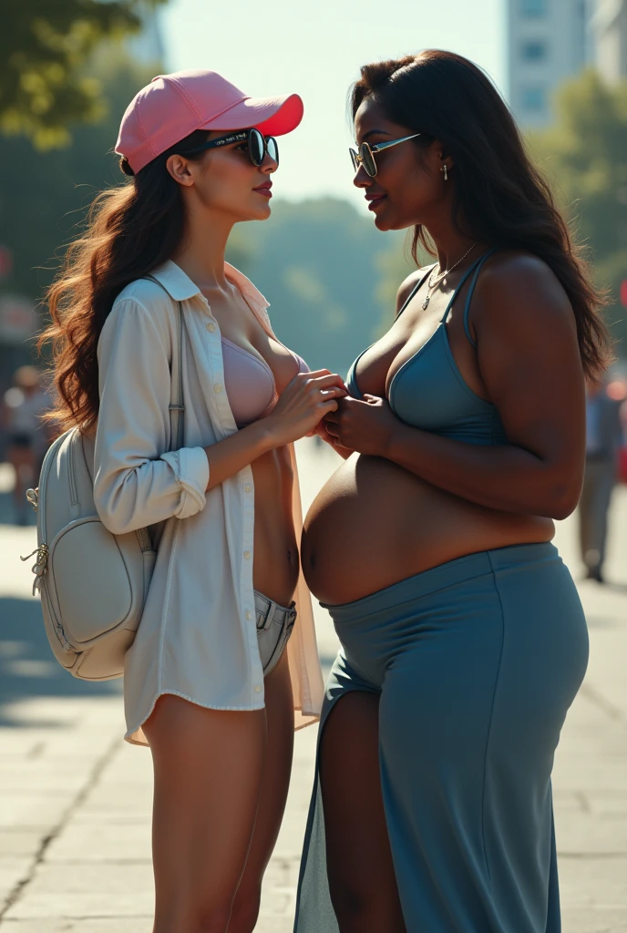Create a photo of a 20 year old young woman, with a slender and beautiful body, wearing jean shorts and an open white shirt is braless, with white and clear skin, with long brown hair, Wearing a pink cap, wearing sunglasses and a white backpack and carrying a skateboard while having his shirt lifted by a woman, obese, dark black skinned, who wears glasses and a blue dress